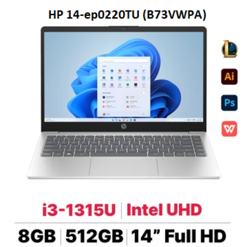 Laptop HP 14-ep0220TU (B73VWPA) (i3 1315U/8GB RAM/512GB SSD/14 FHD/Win11/Bạc)